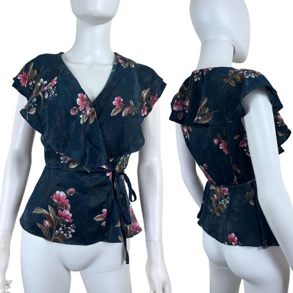 Collective Concepts Tops - Collective Concept Size M Petite Green Pink Floral Satin Ruffle Wrap Blouse Top